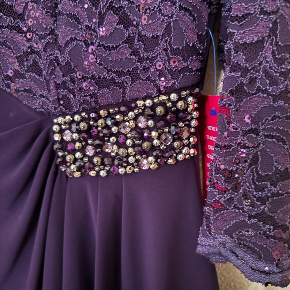 ALEX EVENINGS Sequined Beaded Eggplant Purple Mother Bride Cocktail Dress 14 NWT